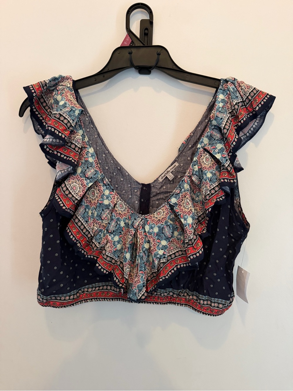 Charlotte Russe Navy Floral Ruffle Crop Top